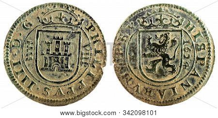 Ancient Spanish Copper Coin Of King Felipe Iv. 1664. Coined In Segovia. 8 Maravedis.