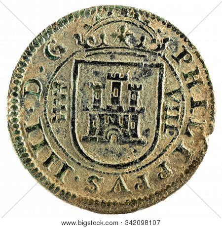 Ancient Spanish Copper Coin Of King Felipe Iv. 1664. Coined In Segovia. 8 Maravedis. Obverse.