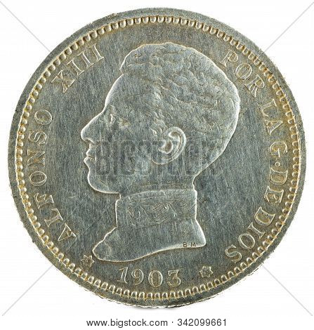 Ancient Spanish Silver Coin Of The King Alfonso Xiii. 1 Peseta. 1903, 19 03 In The Stars. Obverse.