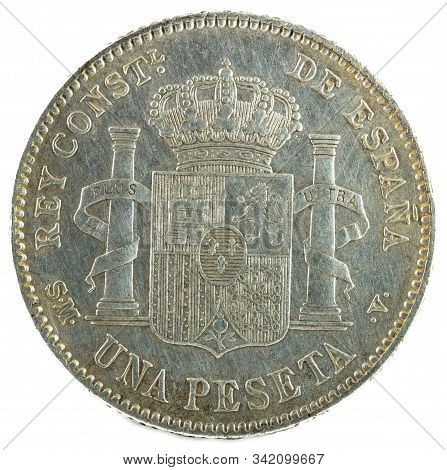 Ancient Spanish Silver Coin Of The King Alfonso Xiii. 1 Peseta. 1903, 19 03 In The Stars. Reverse.
