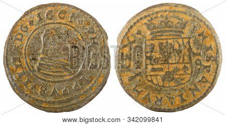 Ancient Spanish Copper Coin Of King Felipe Iv. 1663. Coined In Trujillo. 16 Maravedis.
