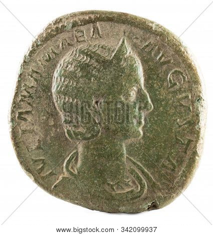 Ancient Roman Bronze Sertertius Coin Of Empress Julia Mamaea. Obverse.