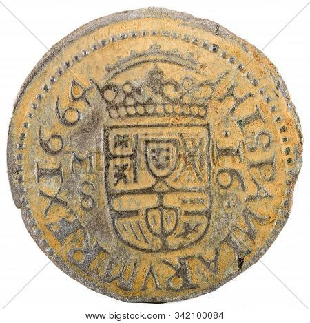 Ancient Spanish Copper Coin Of King Felipe Iv. 1664. Coined In Madrid. 16 Maravedis. Reverse.