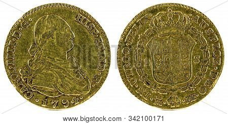 Ancient Spanish Gold Coin Of King Carlos Iv. With A Value Of 2 Escudos And Minted In Madrid. 1794.