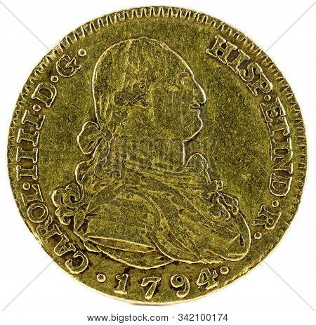 Ancient Spanish Gold Coin Of King Carlos Iv. With A Value Of 2 Escudos And Minted In Madrid. 1794. O