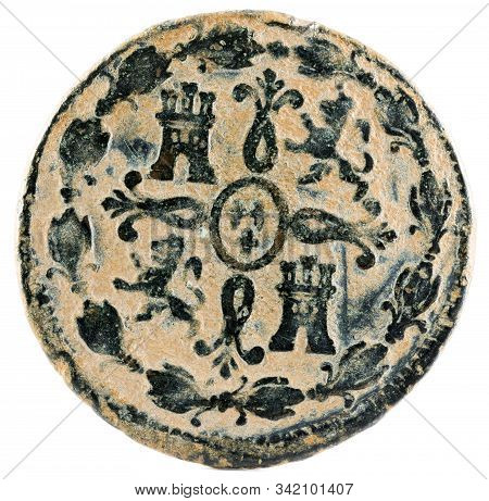 Ancient Spanish Copper Coin Of The King Carlos Iv. 1805. Coined In Segovia. 8 Maravedis. Reverse.