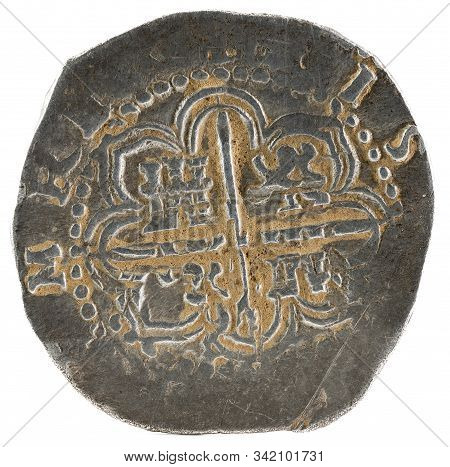 Ancient Spanish Silver Coin Of The King Felipe Ii. 1593. Coined In Sevilla. 2 Reales. Reverse.