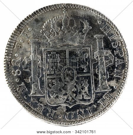 Ancient Spanish Silver Coin Of The King Carlos Iii. 1779. Coined In Mexico. 8 Reales. Reverse.