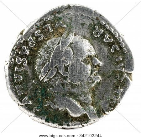 Ancient Roman Silver Denarius Coin Of Emperor Vespasian. Obverse.
