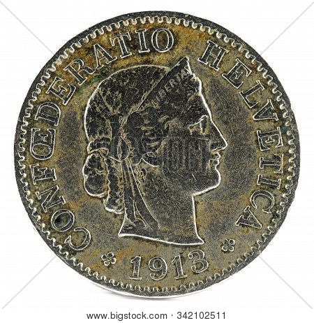 Old Coin. 5 Rappen. Switzerland 1913. Europe. Obverse. Macro.