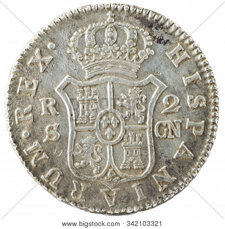 Ancient Spanish Silver Coin Of The King Carlos Iv. 1808. Coined In Sevilla. 2 Reales. Reverse.