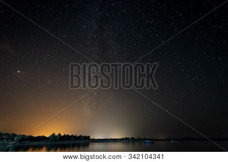 Milky Way From The Gabriel And Galan Reservoir. Extremadura. Spain.