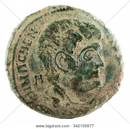 Ancient Roman Copper Coin Of Emperor Magnentius. Obverse.