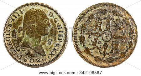 Ancient Spanish Copper Coin Of The King Carlos Iv. 1802. Coined In Segovia. 8 Maravedis.