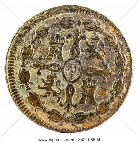 Ancient Spanish Copper Coin Of The King Carlos Iv. 1802. Coined In Segovia. 8 Maravedis. Reverse.