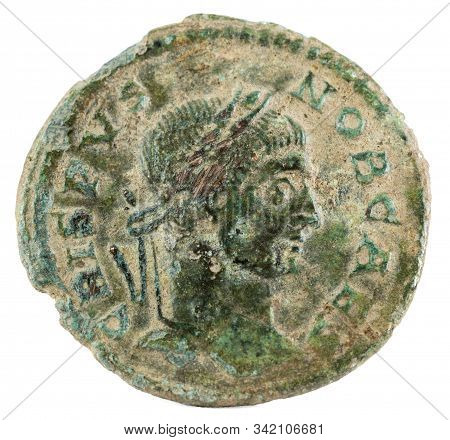 Ancient Roman Copper Coin Of Emperor Crispus. Obverse.