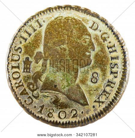 Ancient Spanish Copper Coin Of The King Carlos Iv. 1802. Coined In Segovia. 8 Maravedis. Obverse.