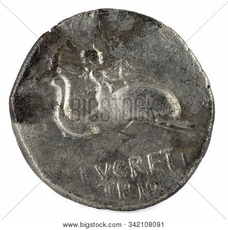 Roman Republic Coin. Ancient Roman Silver Denarius Of The Family Lucretia. Reverse.