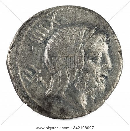Roman Republic Coin. Ancient Roman Silver Denarius Of The Family Lucretia. Obverse.