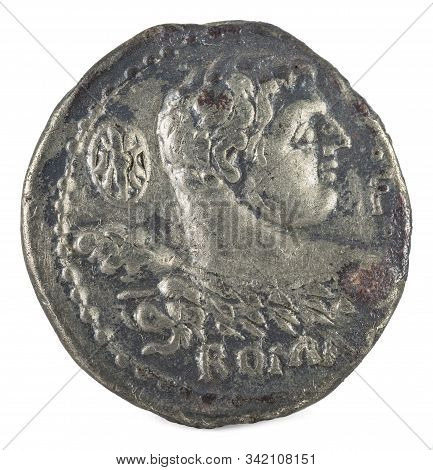 Roman Republic Coin. Ancient Roman Silver Denarius Of The Family Cornelia. Obverse.