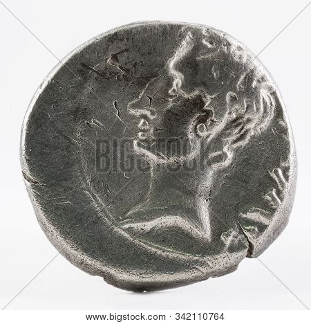 Ancient Roman Silver Quinarius Coin Of Emerita Augusta. Coined By Emperor Augustus. Obverse.