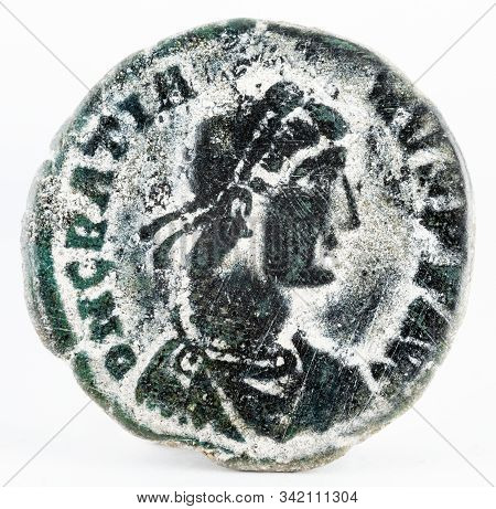 Ancient Roman Copper Coin Of Gratian. Obverse.