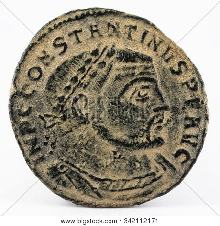 Ancient Roman Copper Coin Of Emperor Constantinus I Magnus. Obverse.