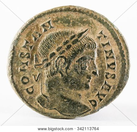 Ancient Roman Copper Coin Of Emperor  Constantinus I Magnus. Obverse.
