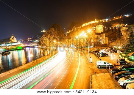 Night View Of Tbilisi City Downtown