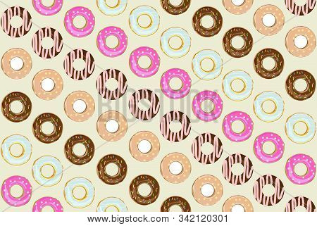 Sweet Donuts With Various Decor On White Background. Seamless Vector Illustration For Menu Design, C