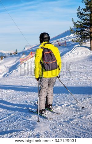 Man Skier Skiing On Penken Park In Tyrol In Austria