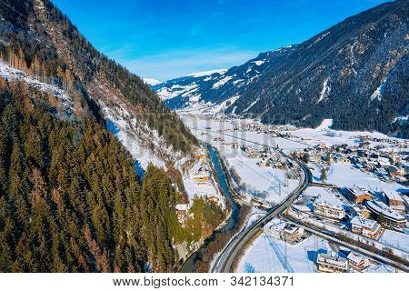 Panorama Of Ski Resort Town Mayrhofen And Ziller River Austria