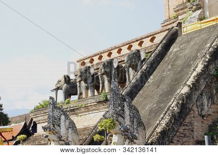 Elephant Sculptures At Wat Chedi Luang, Chiang Mai, Thailand