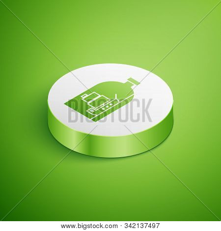 Isometric Glass Bottle With Ship Inside Icon Isolated On Green Background. Miniature Model Of Marine