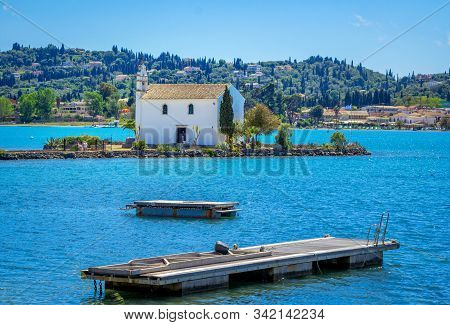Corfu Island/greece- May 5, 2019: View Of Beautiful Gouvia Bay, Ancient Ypapanti Church - Small Whit