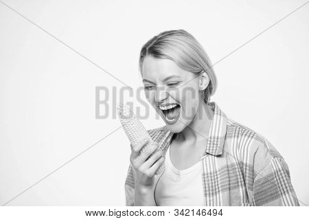Healthy Teeth. Agriculture And Cultivation. Farming, Farmer Girl With Maize. Corn Crop. Vitamin And 