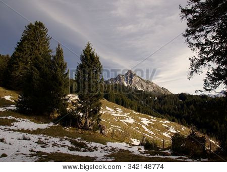 Panorama From Mountains Of The Alps By Cloudy Weather