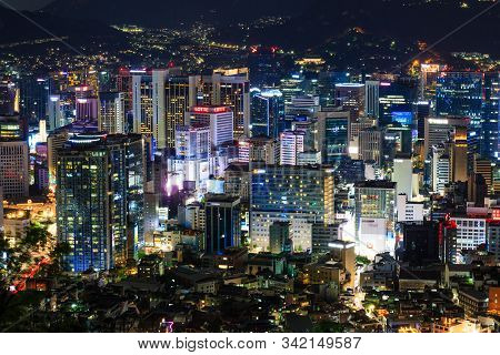 Seoul, South Korea-27 Apr 2019: Aerial View Of Seoul City Skyline At Evening