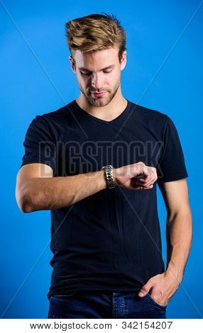 Expensive Luxury Accessory. Confident Macho Luxurious Watch Blue Background. Watches Are Convenient.