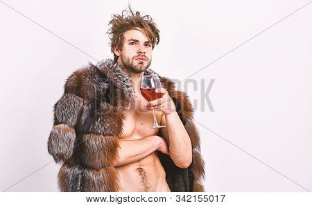 Sexy Sleepy Rich Macho Tousled Hair Drink Wine Isolated On White. Fashion And Pathos. Richness And L
