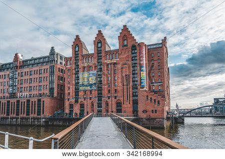 Hamburg, Germany - November 9, 2019: Neo-gothic Red Brick Maritime Museum In Hamburg Habor Area With