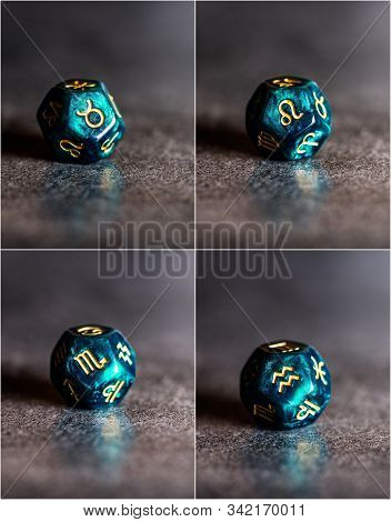 Collage Of Photos With Astrology Dice Representing Fixed Modality Of Astrological Signs. Taurus, Leo