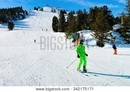 Man Skier Skiing At Penken Park In Tyrol In Austria