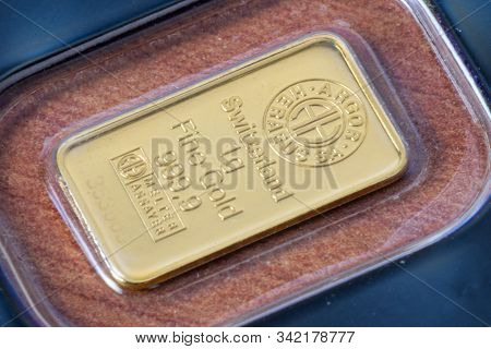 Pruszcz Gdanski, Poland - December 29, 2019: Argor-heraeus 1 Gram Of Fine Gold 999,9. Gold Bar Weigh
