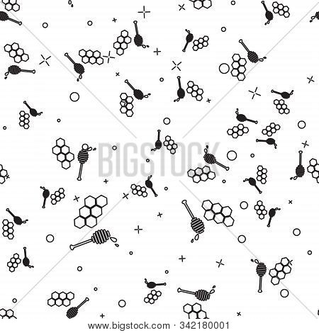 Black Line Honeycomb With Honey Dipper Stickicon Isolated Seamless Pattern On White Background. Hone