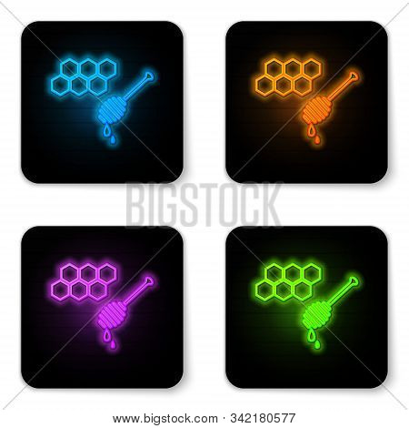 Glowing Neon Honeycomb With Honey Dipper Stickicon Isolated On White Background. Honey Ladle. Honey 