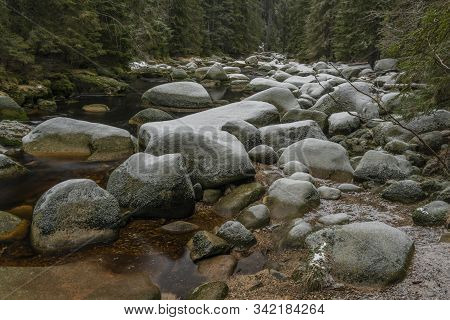 Vydra River In Winter Cold Day In National Park Sumava