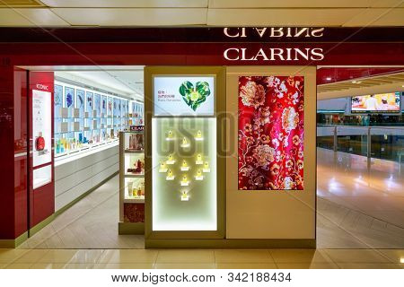 HONG KONG, CHINA - CIRCA JANUARY, 2019: Clarins storefront in New Town Plaza shopping mall