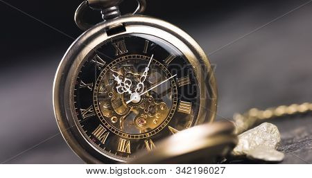 Antique Old Pocket Watch Dial Close-up. Vintage Hipster Clock Measuring Time.