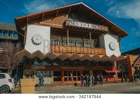 Gramado, Brazil, July 21, 2019. Charming Facade From Festivals Palace And People On Borges De Medeir